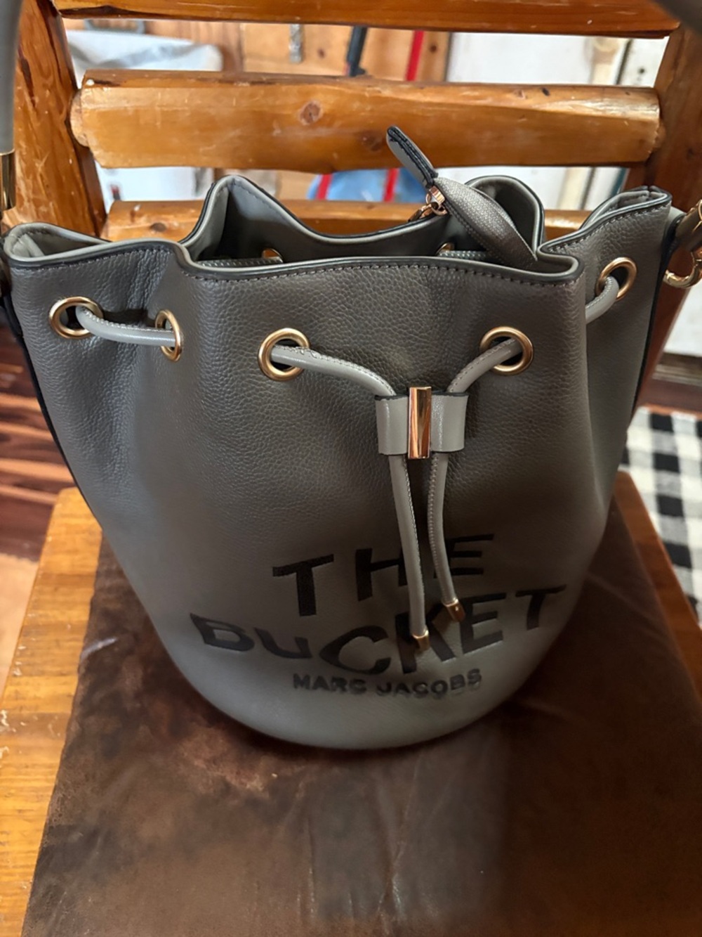 Marc Jacobs The Ducket Gray Pebbled Leather Drawstring Shoulder Bag